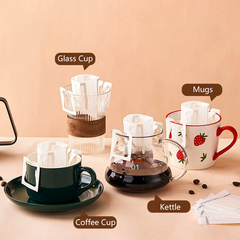 DecorBites™ Disposable Coffee Filter Cup Drip Bag, Paper Hanging Ears Pour Over Brewer